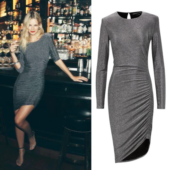 Veronica Beard Cyrus Metallic Lurex Side Ruch Dress Gunmetal Size XL - Picture 2 of 13